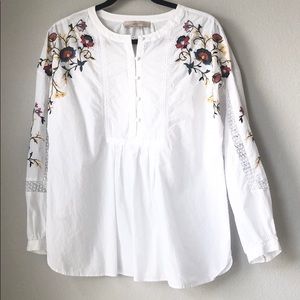 LOFT White Embroidered Pleated Top